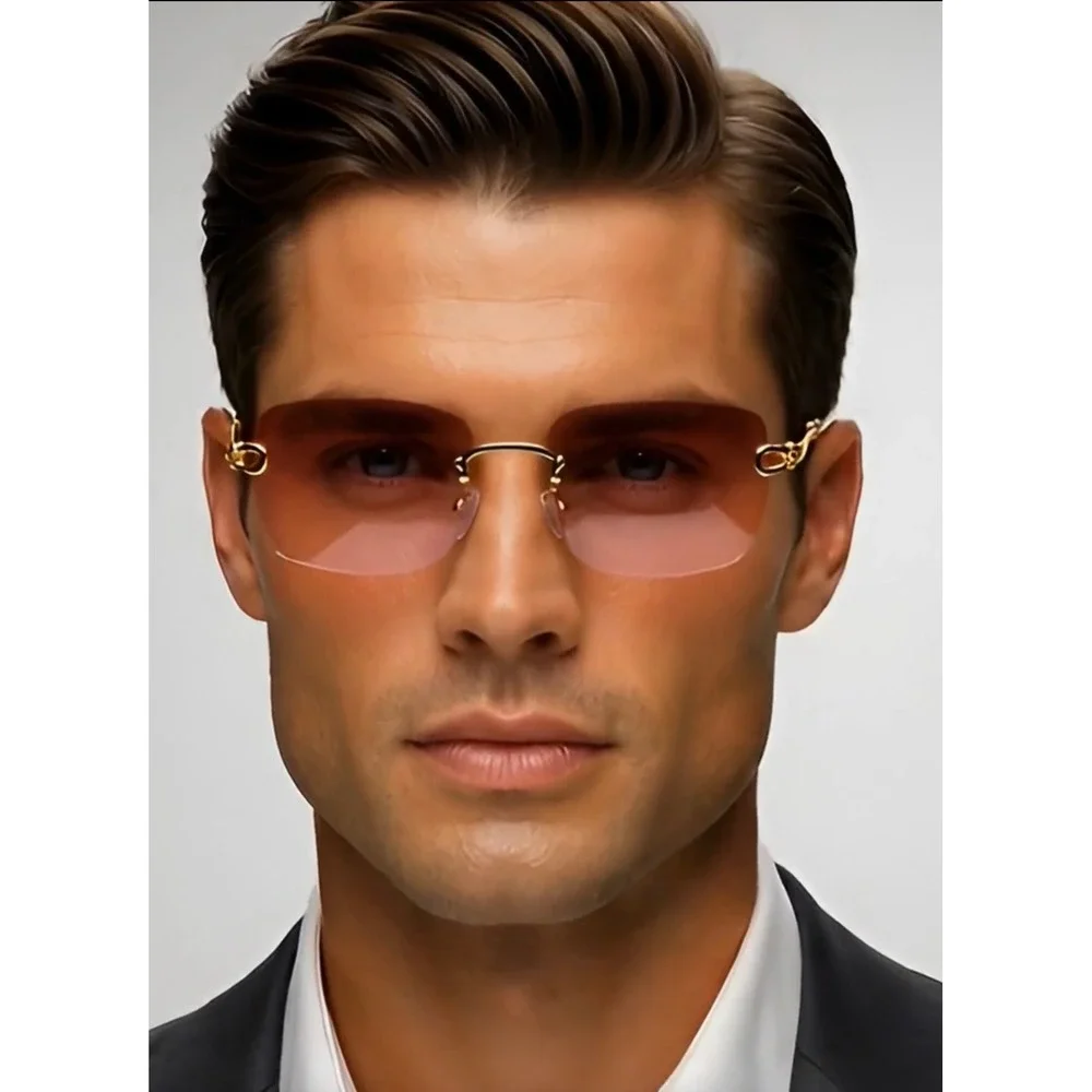 Classic Men Sunglasses Pink Lens Gold Frame Light Weight Comfortable Rimless New